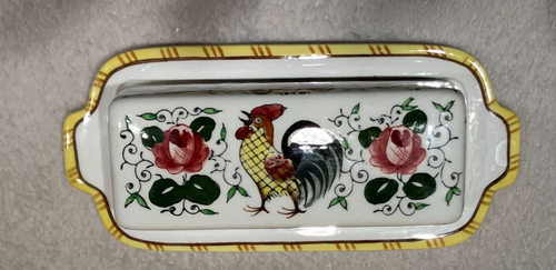 RARE! Ucagco "Early Provincial" Covered Butter Dish "Roosters and Roses" Vintage - Picture 13 of 14