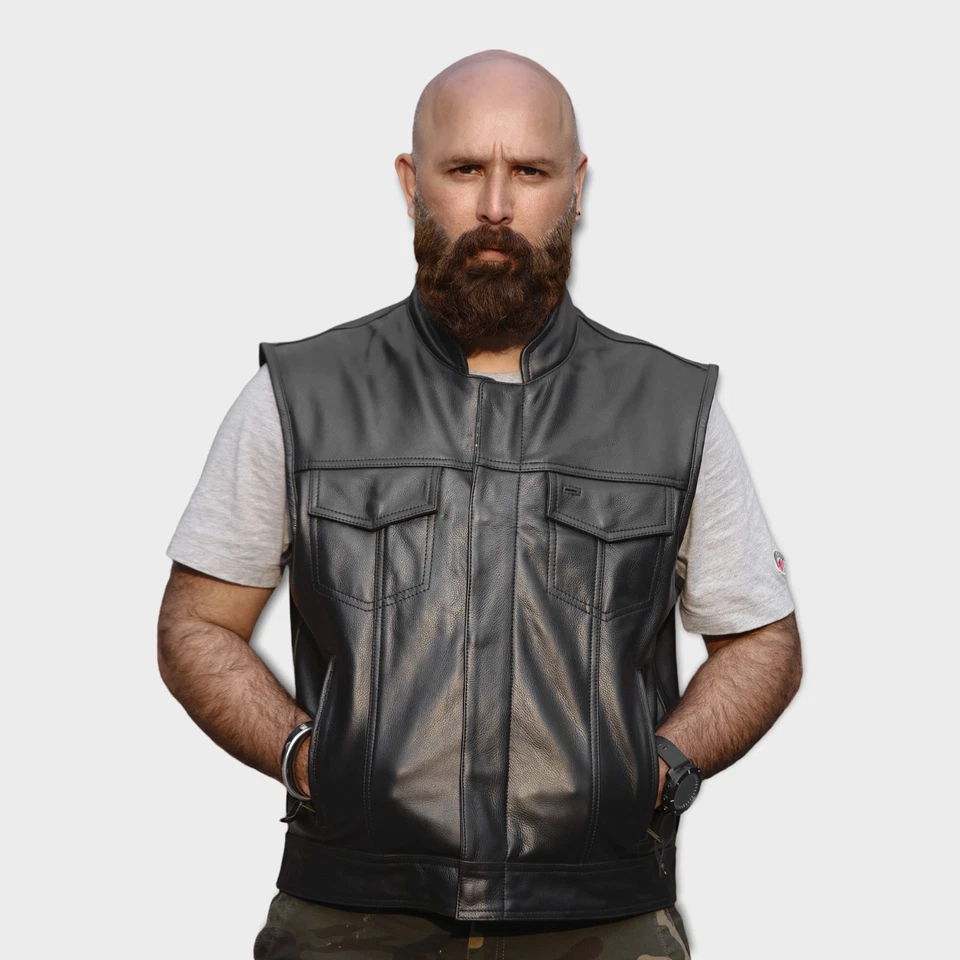 LuxHide Mens Motorcycle Biker Black Leather Vest Anarchy Club Concealed Carry - Image 4 of 4