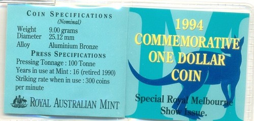1994 Uncirculated $1 Coin: " Commemorative $1 Royal Melbourne Show " M Mintmark