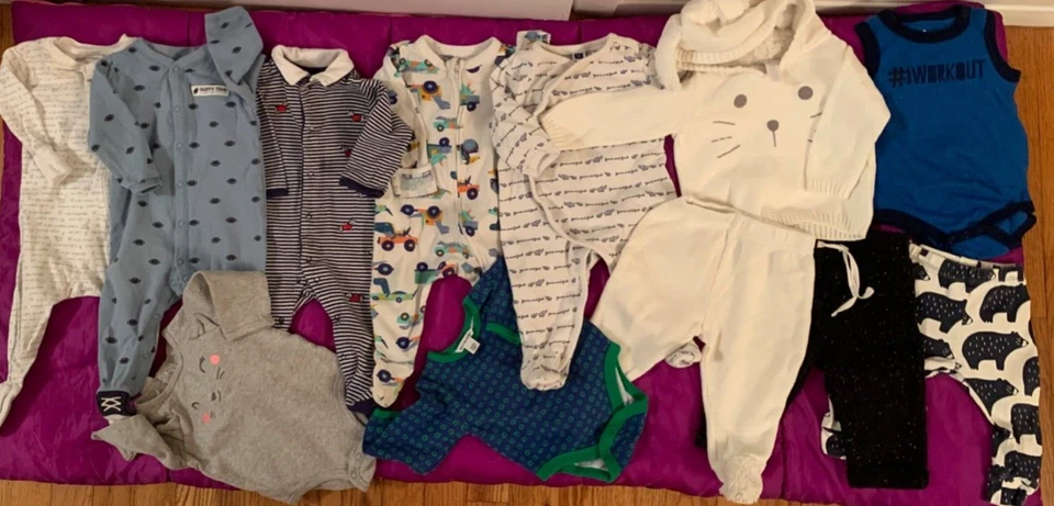Baby Boy 12 pcs 3-6 Months Sleep & Play Footed One-Piece Bodysuit pants tops 4A Foto 3 de 4