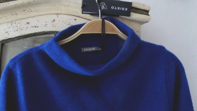 ESISTO 100% cashmere JUMPER royal blue moss stitch knit bardot neck L bnwt  £190