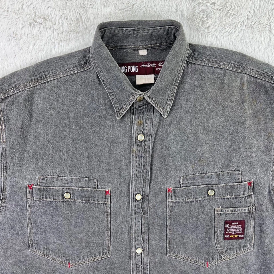 Vintage Denim Shirt Men’s XL Gray Ping Pong Long Sleeve Pearl Snap Pockets Y2K - Image 4 of 4
