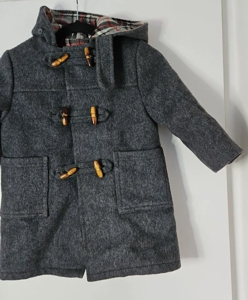 Children's Vintage Mothercare Grey Wool Blend Check Lined Duffle Coat 90's UK - Image 3 of 4