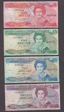EAST EASTERN CARIBBEAN VINTAGE COLLECTION OF 1-5-10-20 DOLLARS "AC"  CRC  2211