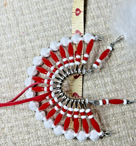 Native American Beaded Indian Headdress w/ Feathers Hand Made Red and White - Picture 4 of 6