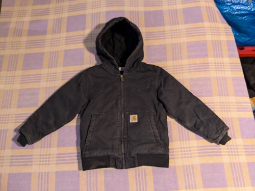 VTG Kids Carhartt Quilt Lined Black Hooded Full Zip Jacket Size XS-6 Youth Hood