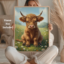Highland Cow With Wildflowers Poster, Gift for Cow Lovers, Farmhouse Decor