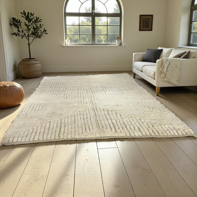 lvory Beni Ourain Rug | Handmade Moroccan Wool Carpet | White Tonal Diamond Area