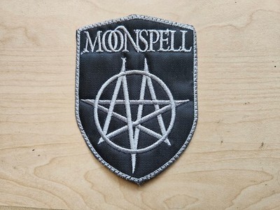 MOONSPELL + LOGO, SEW ON SILVER WITH SILVER BORDER EMBROIDERED PATCH