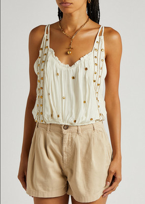 Free People Virgo Tank Top Metal Beaded Embellished Double Strap Ivory Crop L