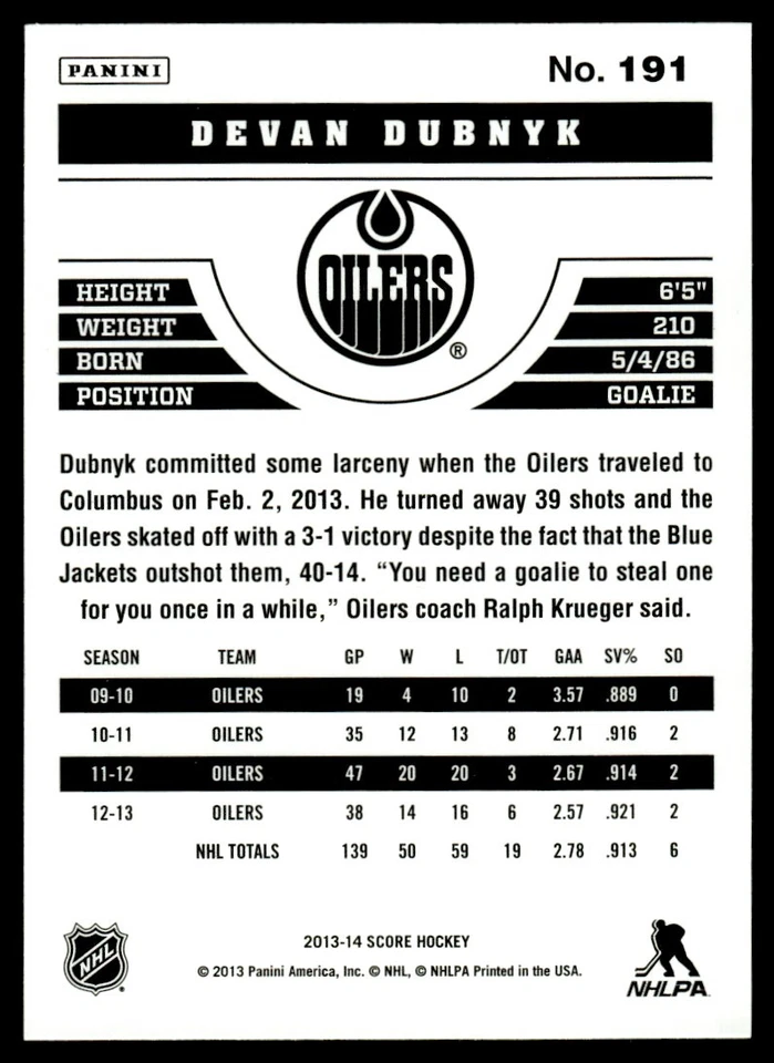 2013-14 Score Gold Devan Dubnyk Edmonton Oilers #191 - Image 2 of 2