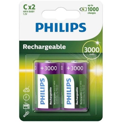 2 Philips Wiederaufladbar C Batterien Nimh HR14 Baby 2BL 1.2V 3000 MAH Neu
