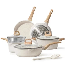 CAROTE 10pc White Granite Nonstick Cookware Set Induction Fry Pans Saucepans