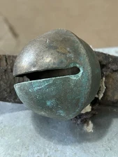 Vintage Large 1.5” Brass Sleigh Bell Early 1900’s Patina Leather Strap Piece