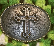 Nocona silver tone western belt buckle rhinestone cross Floral Y2K Grunge Retro