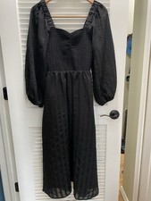 Madewell Black Smocked Puff Sleeve Midi Dress Cottagecore Whimsigoth Women's M