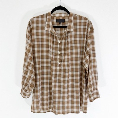 Nili Lotan Top Womens Large Brown Plaid Boho Cottagecore Breathable 100% Cotton