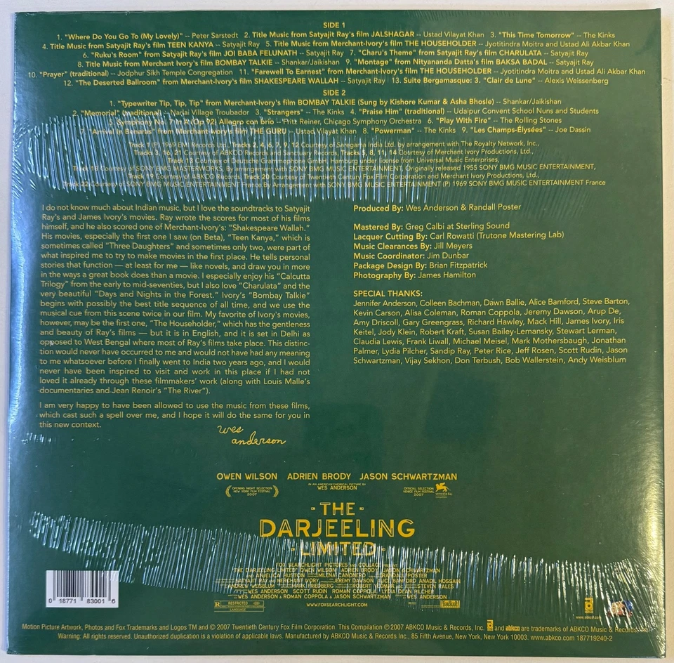 DARJEELING LIMITED Original Soundtrack LTD GREEN VINYL LP RSD 2015 Satyajit Ray - Image 2 of 2