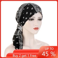 Pre-Tied Women Muslim Hijab Hair Loss Headscarf Wrap Long Tail Turban Chemo Caps