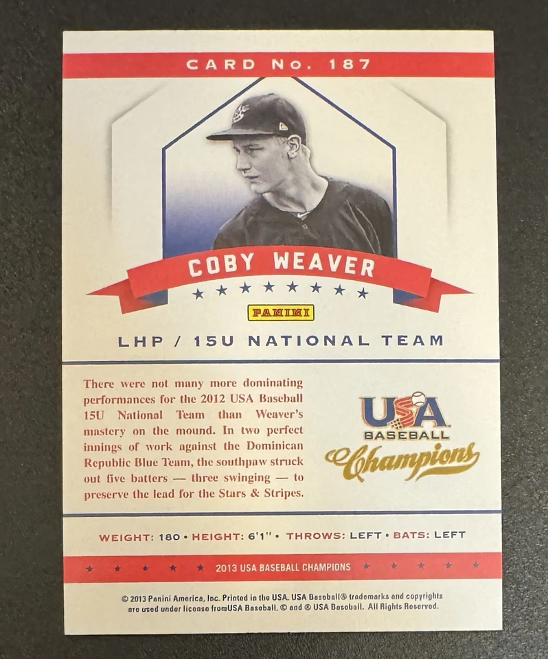Coby Weaver 2013 Certified USA Baseball Champions 15U Mirror Blue /299 #187 - Image 2 of 2