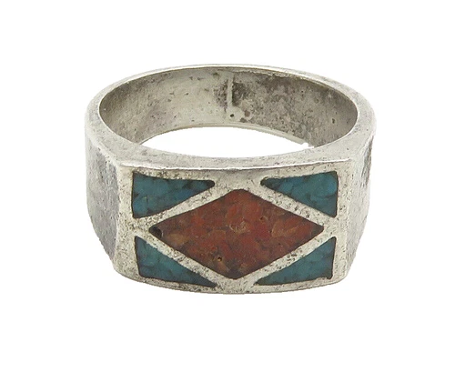 NAVAJO ZUNI 925 Silver  Vintage Antique Turquoise & Coral Ring Sz 9.5  RG19643
