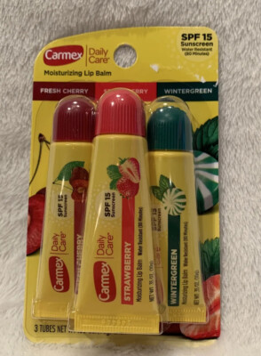 Carmex Moisturizing Lip Balm 3 Tubes -Fresh Cherry, Strawberry, Wintergreen