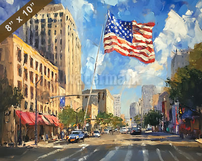 #ad Baton Rouge downtown with USA flag waving oil painting 8x10 Print $20.00