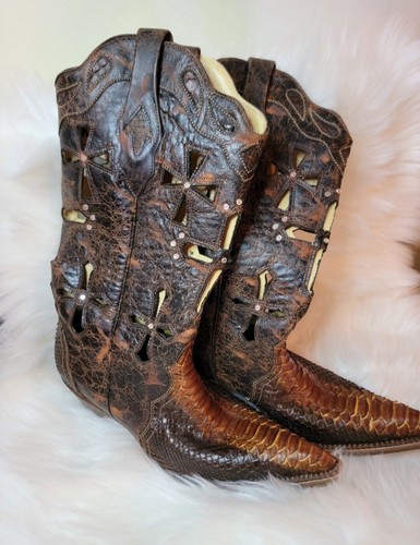 CORRAL - MUSGO PYTHON SCHLANGENLEDER STIEFEL SCHWARZ/BRAUN CROSS CUT-OUTS - Gr. 8,5 Snip Toe - Bild 2 von 11