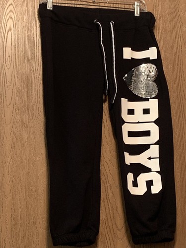 Juniors Size Large I Love Boys Sweat Pant Capris Black Silver Sequins ReflexE728