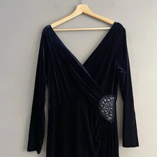 Rickie Freeman Teri Jon Womens Long Sleeve Rhinestone Velvet GownEvening Blue 16