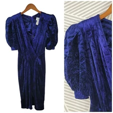 Vintage 80s Velvet Wrap Top Sheath Dress Size 2/4 Evening Party Prom Grunge Blue