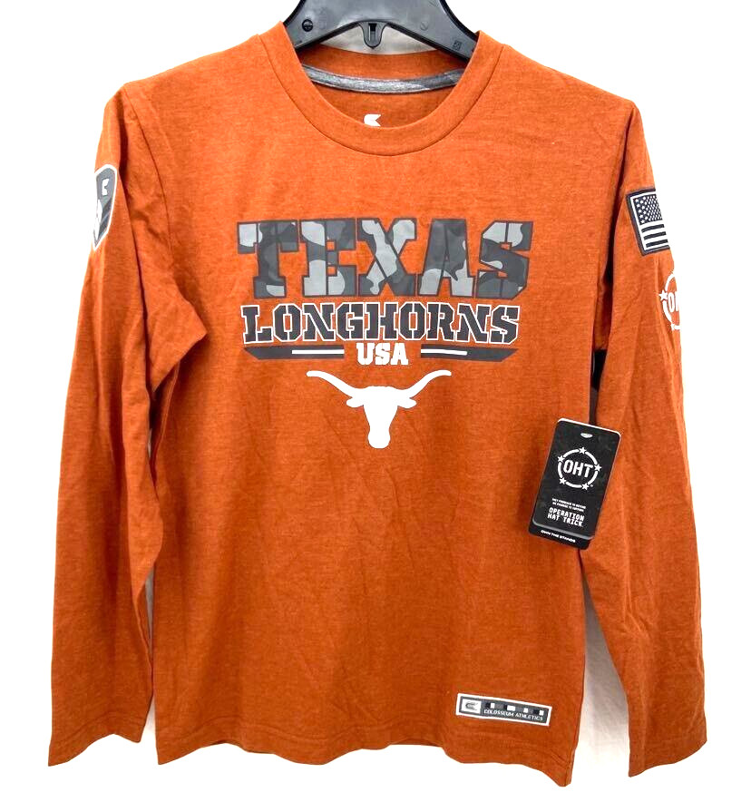 NEW Texas Longhorns Colosseum OHT Orange LS Camo Crew Neck Shirt Youth M 12-14