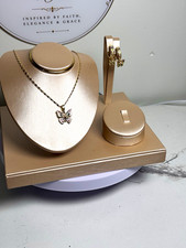 Gold Tone Butterfly Multicolor Crystal Pendant Necklace  Earrings Jewelry Set