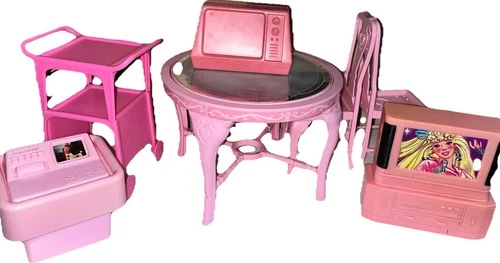 Lot Of Vintage Mattel 80s Barbie Furniture Sweet Roses Dining Table, TVs
