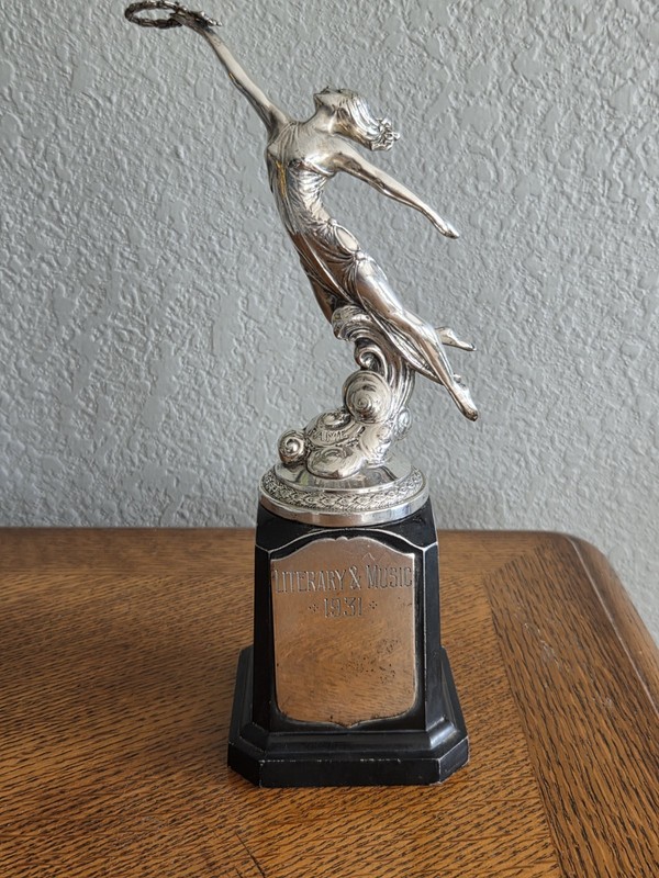 Nice Antique Art Deco 9 1/2" Trophy Woman With Flowing Hair  1931 Lowe/ Campbell