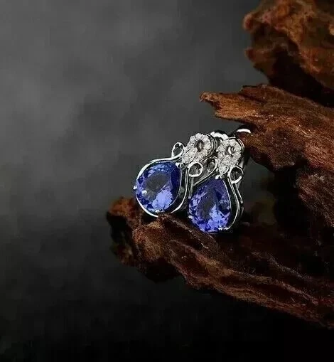 Brincos femininos de corte oval simulado azul tanzanita folheados a ouro branco 14k - Imagem 2 de 4