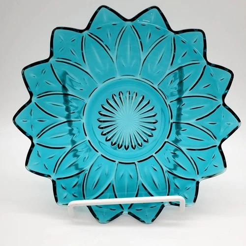 MCM Federal Glass Petal Blue Teal Pattern Dinner Plates ~ 9-3/8 Inches ~ set 4