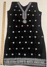 Ornate Indian Black Kurta Tunic w/ Sequins Jewels Acrylic Pink Blue Rhinestones