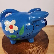 Piggy Bank Flower Power Vintage 70’s Chalk Ware Hippy Kitsch Blue