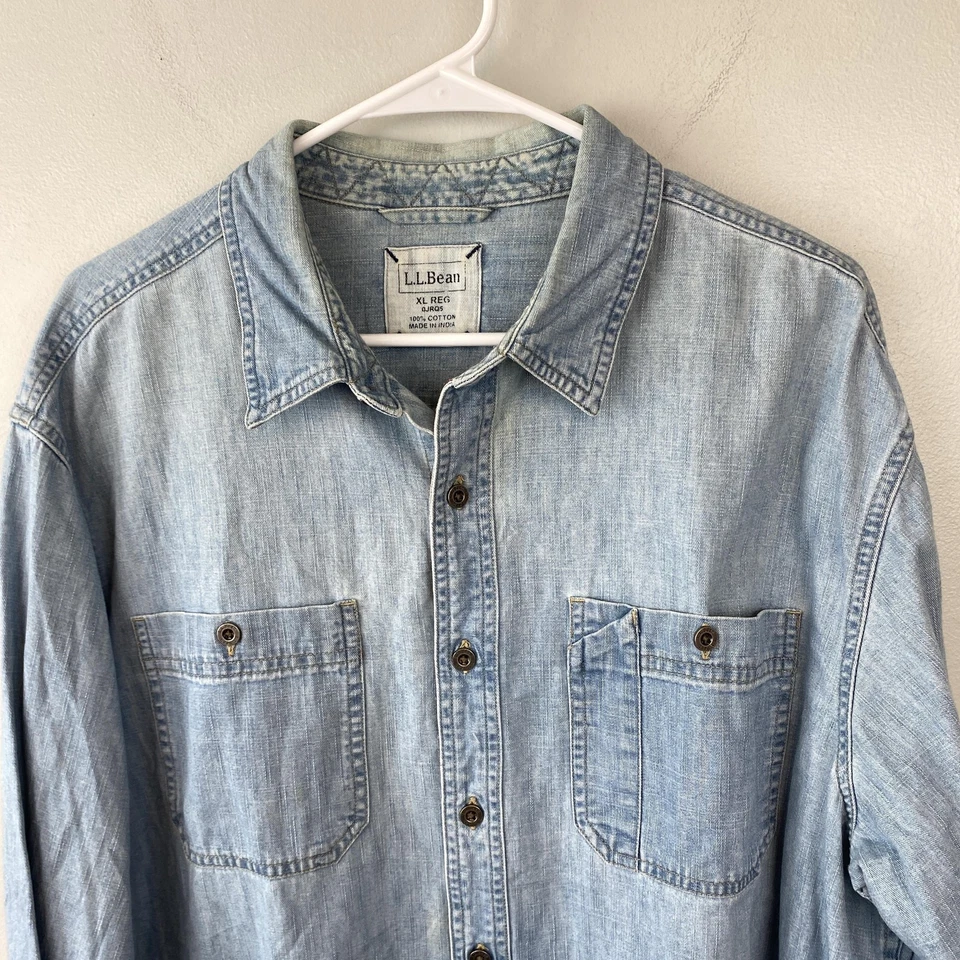 LL Bean Shirt Mens Extra Large Blue Denim Button Down Casual Pockets Outdoors - Image 2 of 4