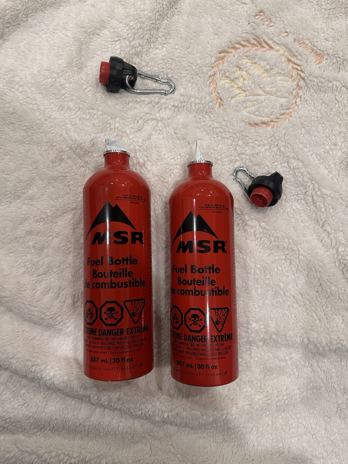 NEW MSR 30oz Aluminum Liquid Fuel Bottle W/leakproof Cap & carabiner Lot Of 2