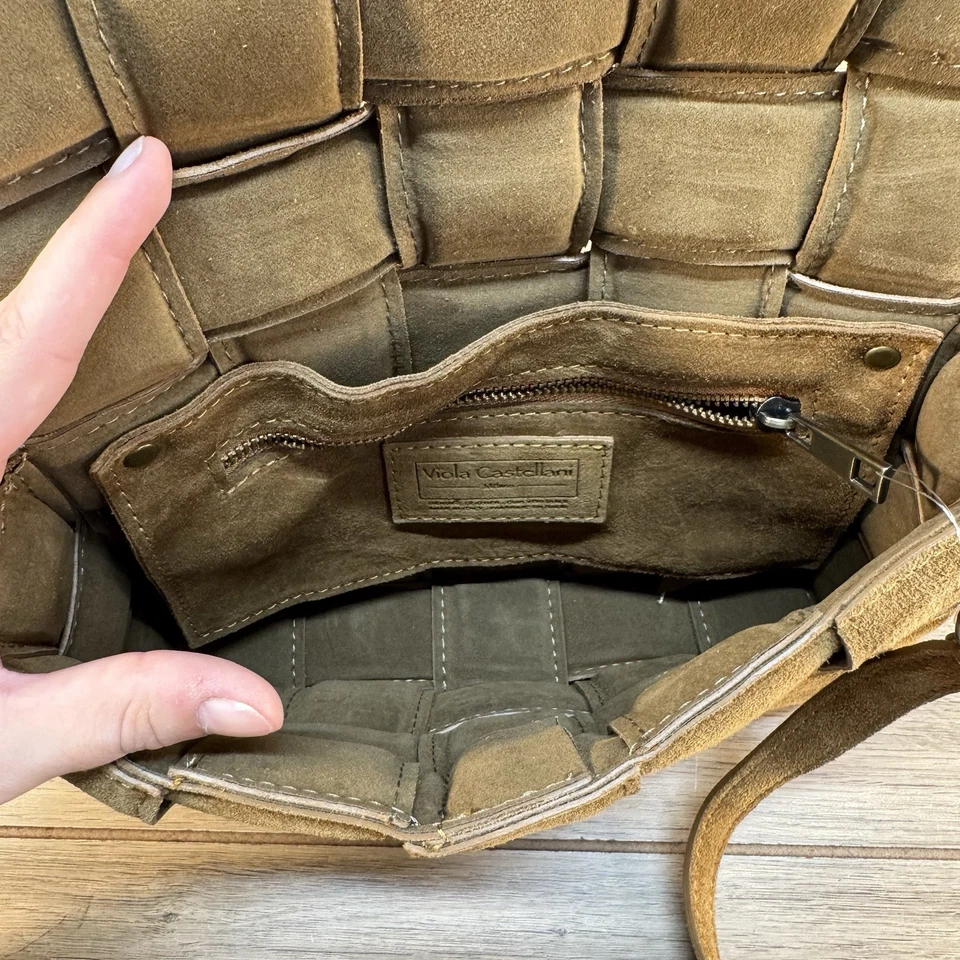 Bandolera VIOLA CASTELLANI Bordo Gamuza Cuero Acolchada Tejida Italia Nueva con Etiquetas Marrón Foto 4 de 4