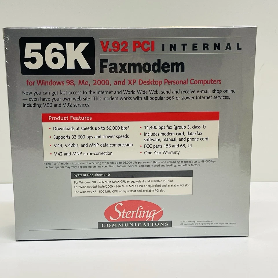 56K MODEM Internal Faxmodem V.92 PCI Sterling Model S20 Windows 98 ME 2000 XP - Image 2 of 4
