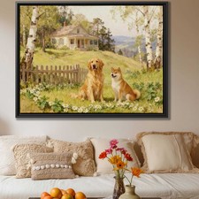 Oil Painting Golden Retriever Dog Canvas Print Rustic Animal Home Decor Art