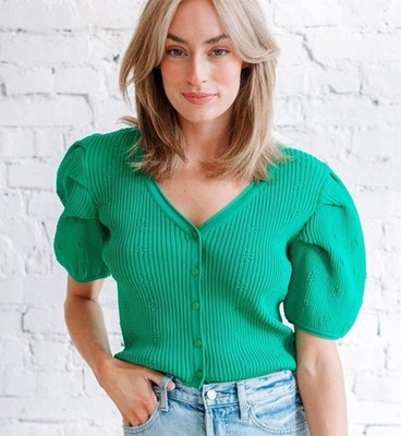 Endless Rose Puff Sleeve Cardigan Sweater Women s Large Buttons Green NWT