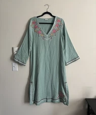 Spartina 449 Island Amira Dress Cotton Gauze Dress Floral Embroidered Green Pink