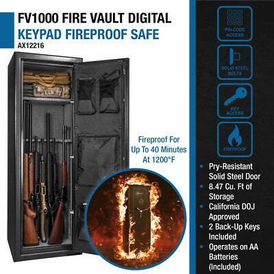 Barska FV-1000 Fireproof Gun Safe – Holds 14 Rifles, Electronic Keypad, 3 Locking Bolts, 40-Min Fire Rating At 1200°F
