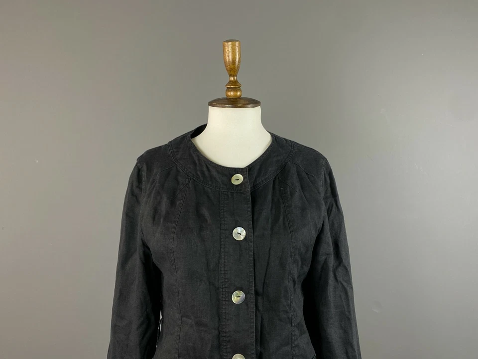 Mujer BRUNELLO CUCINELLI Negro Lino Botón Blazer Chaqueta Talla L Foto 2 de 4