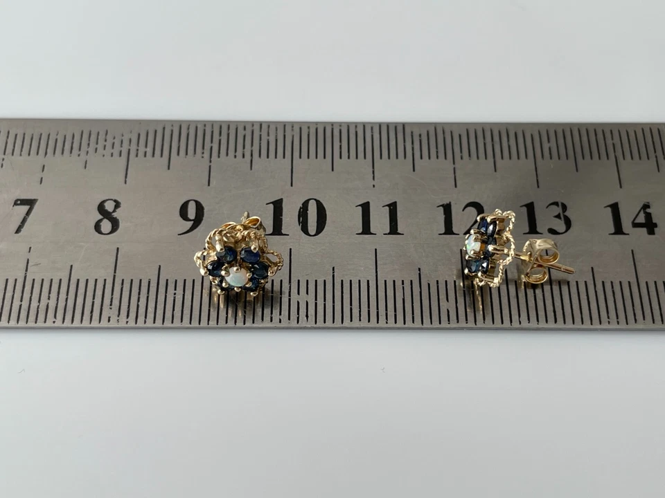 Sapphire & Opal Earrings 9ct Gold Flower Cluster Stud Vintage Earrings - Image 2 of 4
