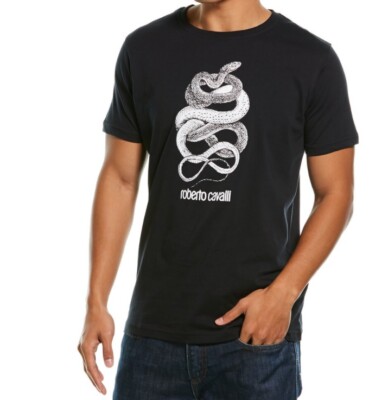 Roberto Cavalli HST620 Black Crew Neck Graphic 100% Cotton Men's T-Shirt Size L